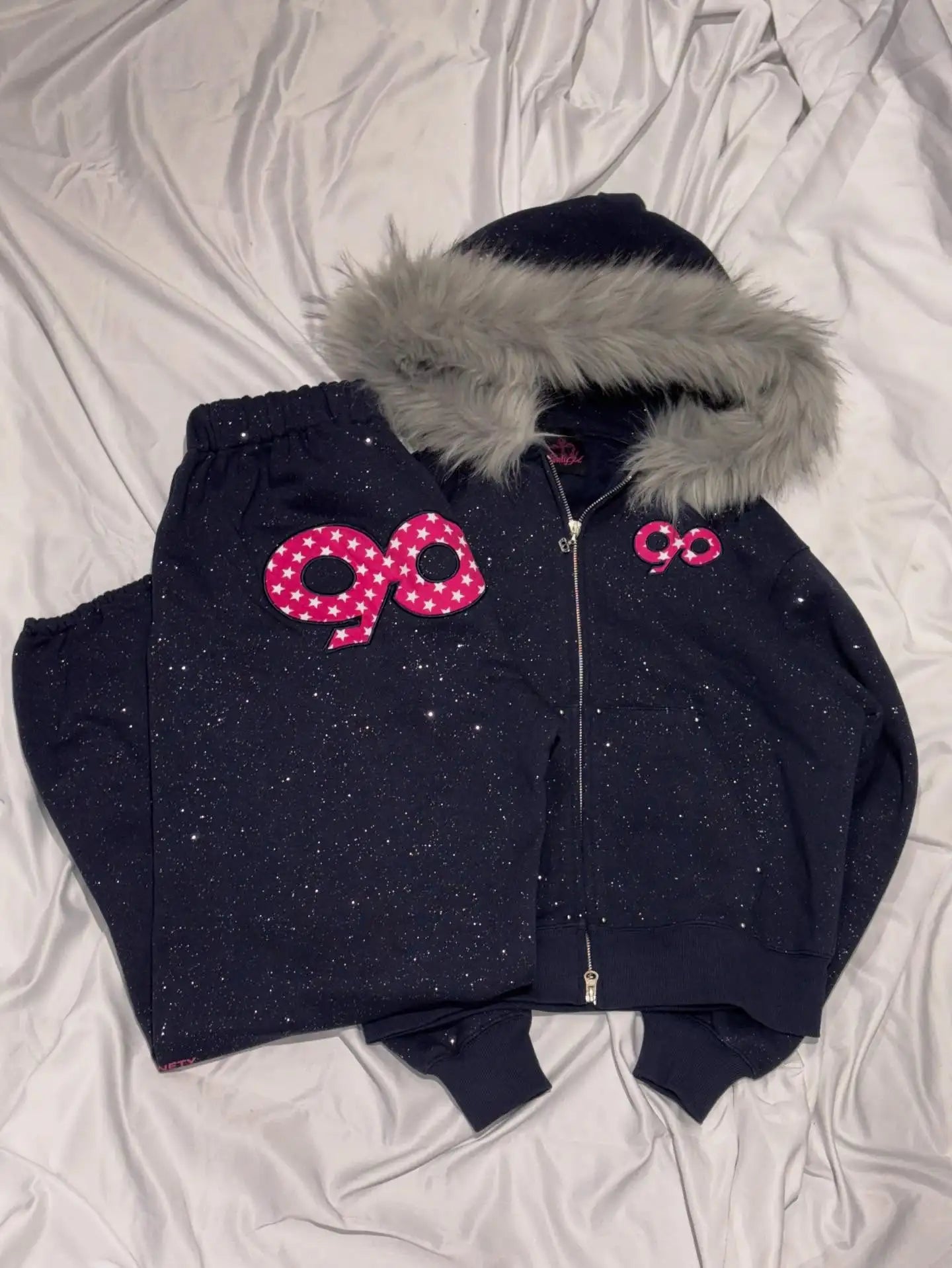 Apex Ritual – 90s Retro Fur Trim Hoodie & Pants Set – Y2K Aesthetic Leopard Print Rhinestone Joggers