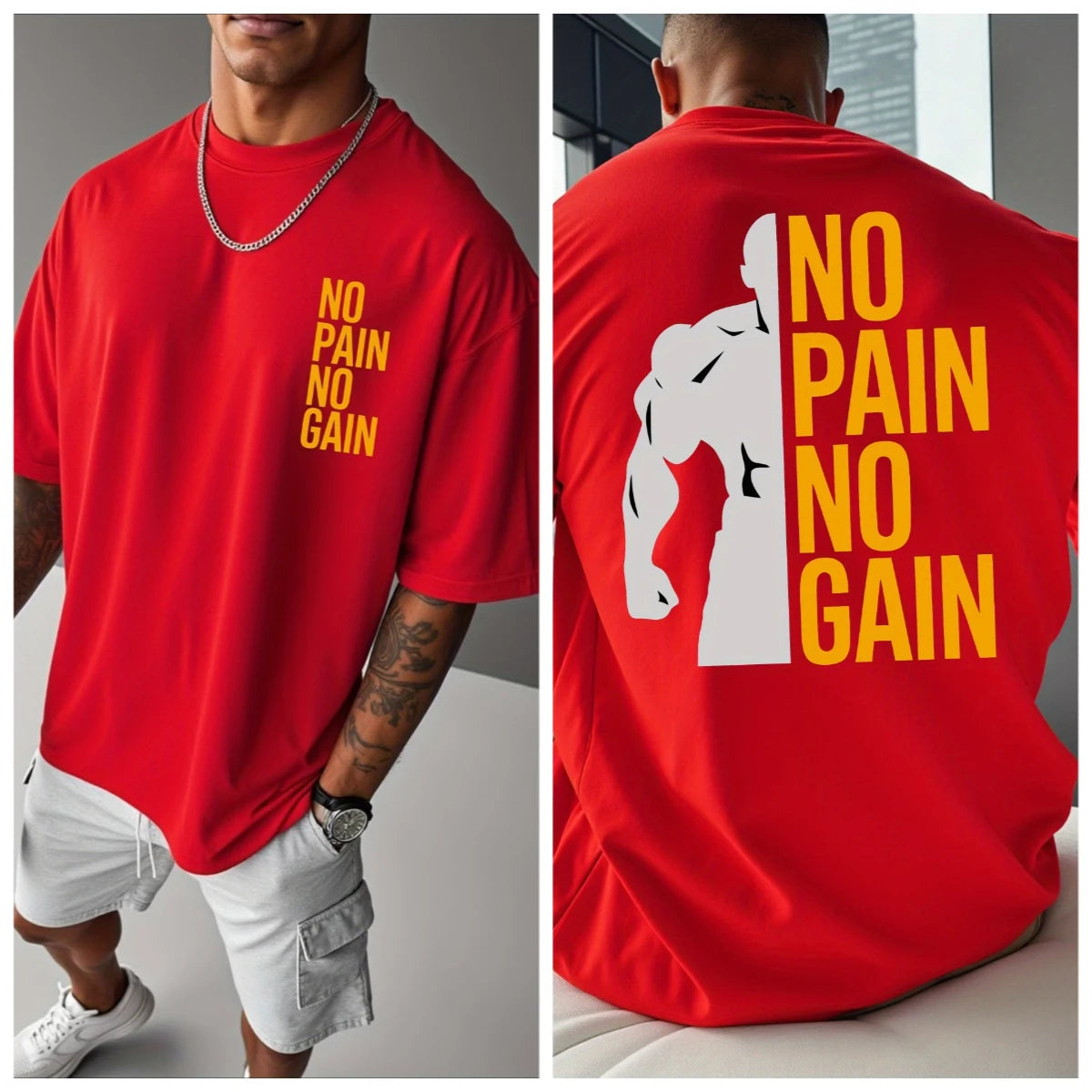 Apex Ritual – No Pain No Gain Oversized Gym T-Shirt – Men's Cotton Streetwear Sports Tee