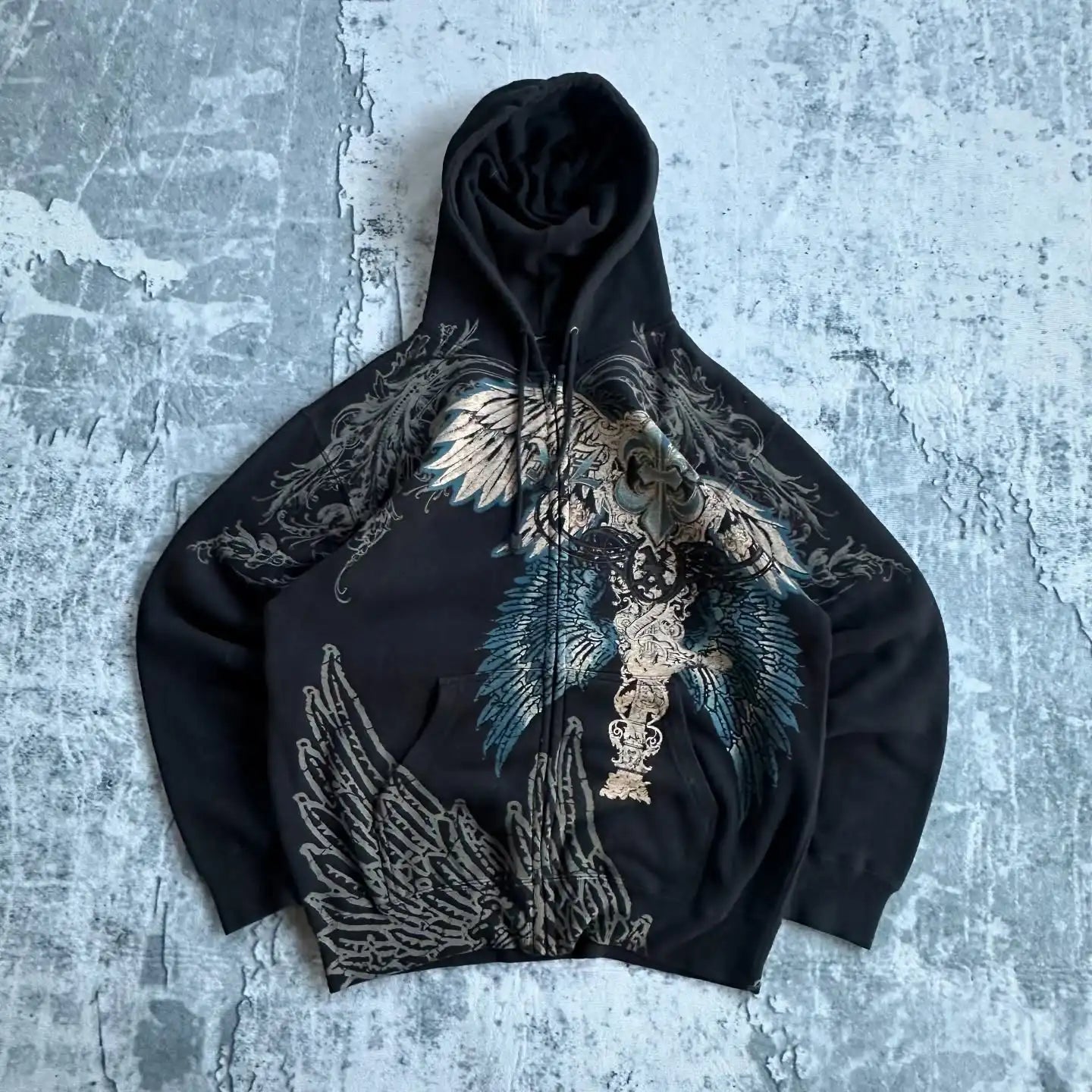 Apex Ritual – Vintage Y2K Skull Print Zip-Up Hoodie – Oversized Hip Hop Pullover Unisex