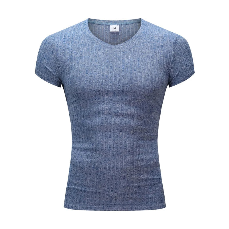 Apex Ritual – Men's V-Neck Slim Fit Striped Sports T-Shirt – Summer Gym Knitted Tee
