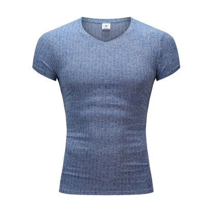 Apex Ritual – Men's V-Neck Slim Fit Striped Sports T-Shirt – Summer Gym Knitted Tee
