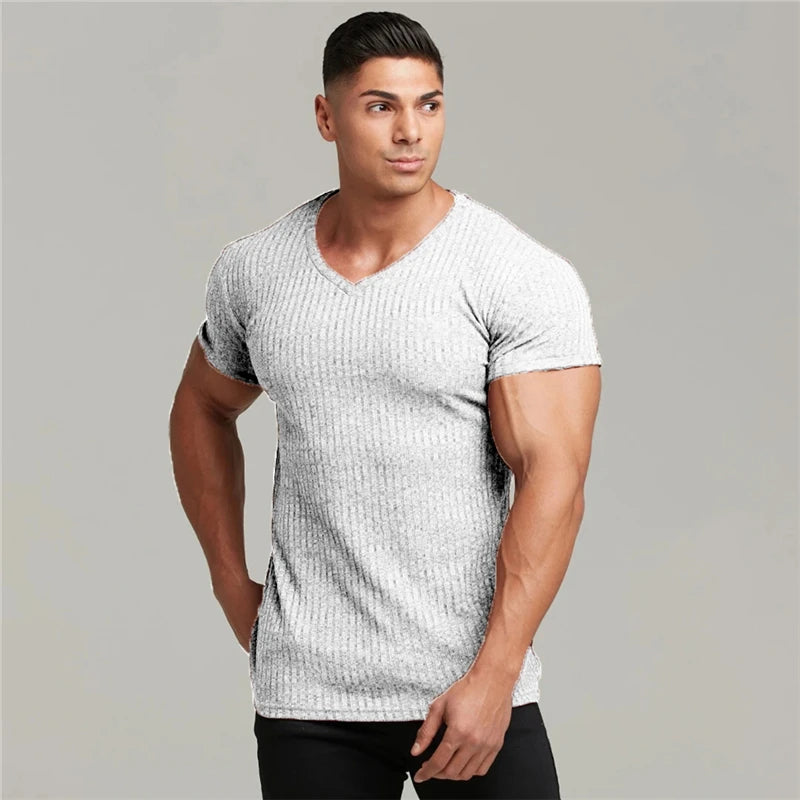 Apex Ritual – Men's V-Neck Slim Fit Striped Sports T-Shirt – Summer Gym Knitted Tee
