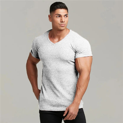 Apex Ritual – Men's V-Neck Slim Fit Striped Sports T-Shirt – Summer Gym Knitted Tee