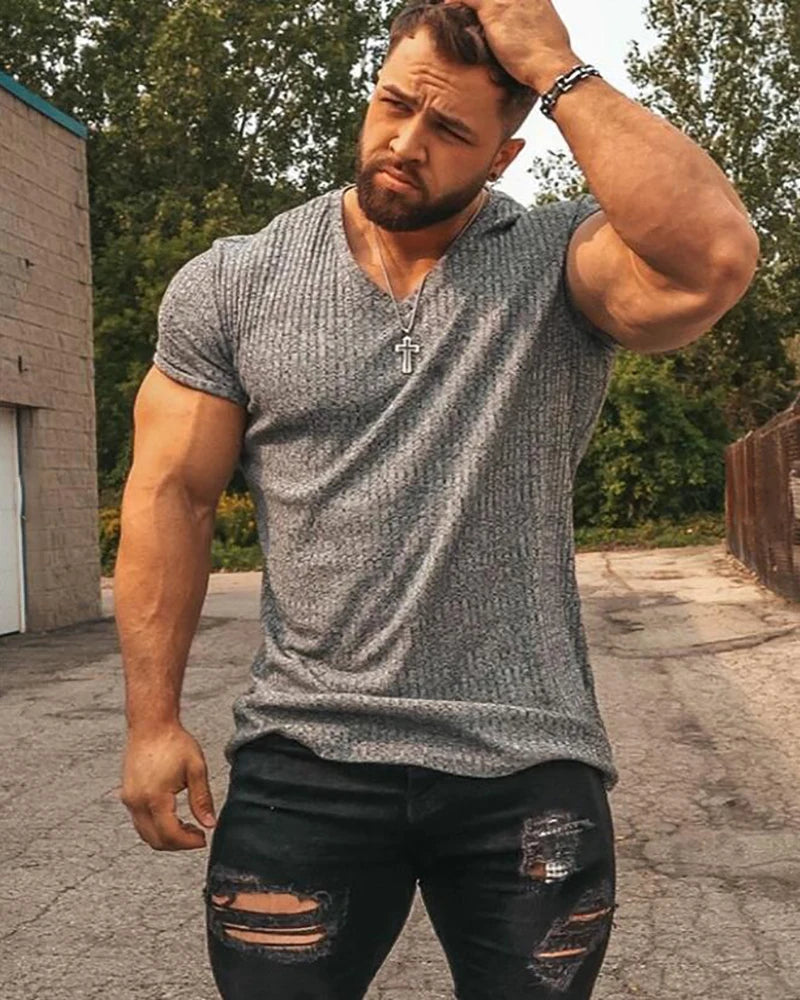 Apex Ritual – Men's V-Neck Slim Fit Striped Sports T-Shirt – Summer Gym Knitted Tee