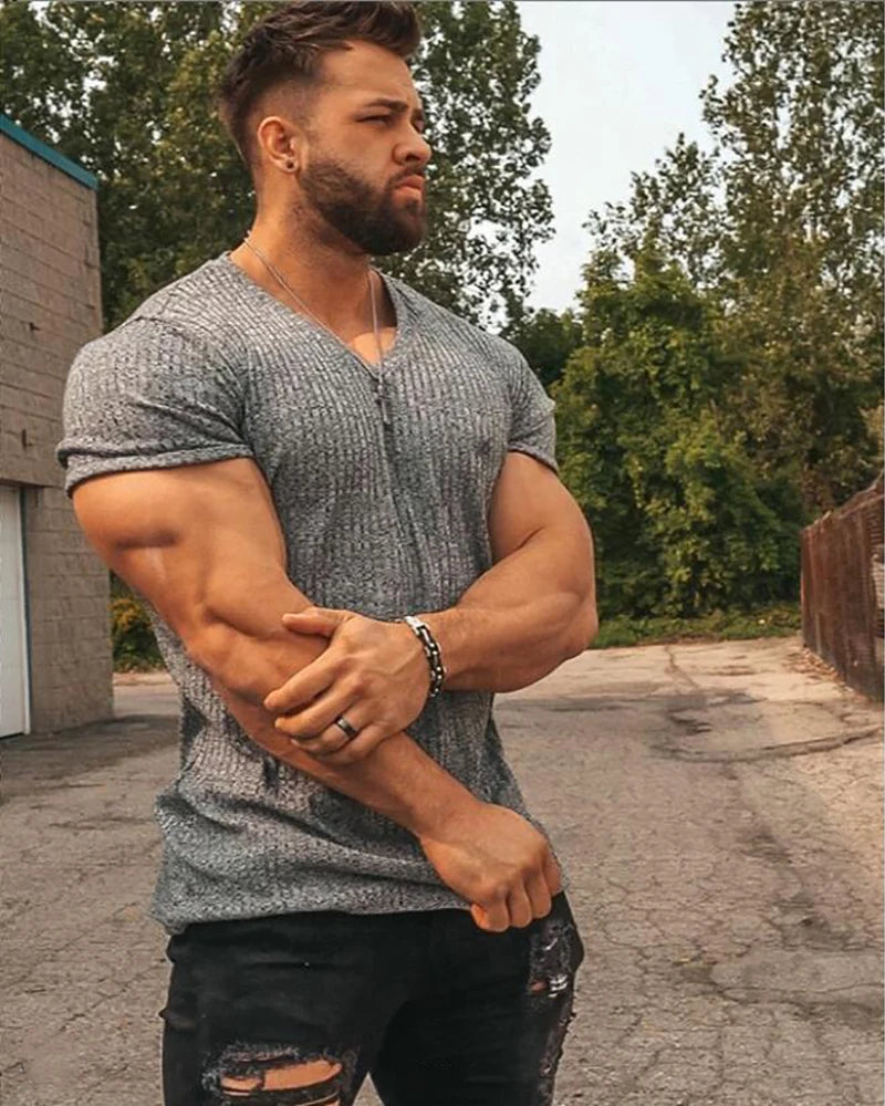 Apex Ritual – Men's V-Neck Slim Fit Striped Sports T-Shirt – Summer Gym Knitted Tee