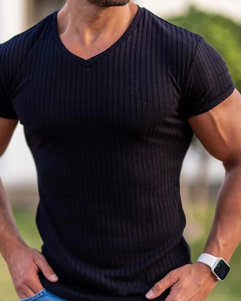 Apex Ritual – Men's V-Neck Slim Fit Striped Sports T-Shirt – Summer Gym Knitted Tee