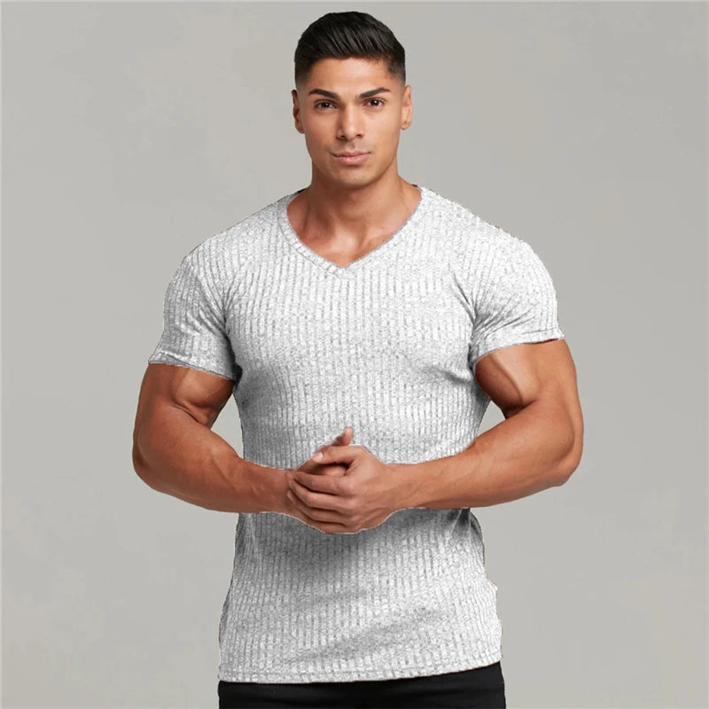 Apex Ritual – Men's V-Neck Slim Fit Striped Sports T-Shirt – Summer Gym Knitted Tee