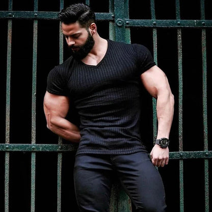 Apex Ritual – Men's V-Neck Slim Fit Striped Sports T-Shirt – Summer Gym Knitted Tee
