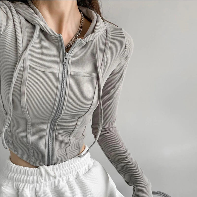 Apex Ritual – Thin Hooded Cardigan Women – Korean Vintage Slim Summer Striped Zipper Crop Top