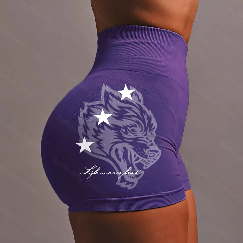 Apex Ritual – Wolf Head Sport Shorts Women – Seamless Knitted Thigh-Lifting Yoga Pants