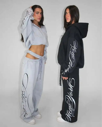 Apex Ritual – Grey 2 Piece Outfit – Script Print Oversized Hoodie & Wide Leg Pants Y2K Streetwear