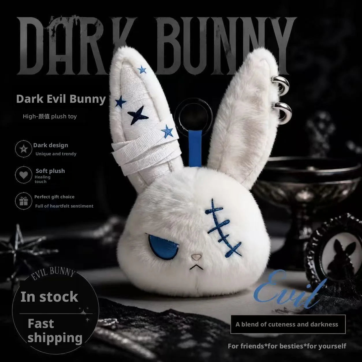 Apex Ritual – Hot Gothic Bunny Plush Keychain – Kawaii Rabbit Bag Charm Key Ring Pendant