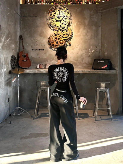 Apex Ritual – American Style Long Sleeve Round Neck Slim Casual Pants Set – Letter Print Ensemble