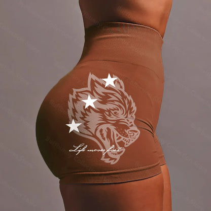 Apex Ritual – Wolf Head Sport Shorts Women – Seamless Knitted Thigh-Lifting Yoga Pants