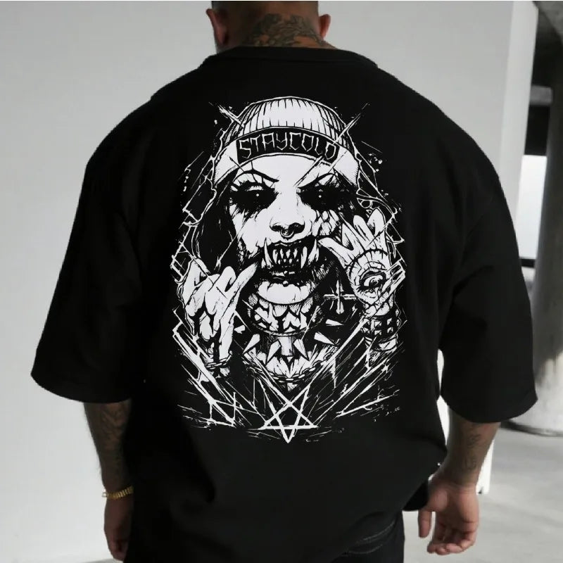 Apex Ritual – Skull Monster Back Print T-Shirt – Oversized Cotton Round Neck Streetwear Tee
