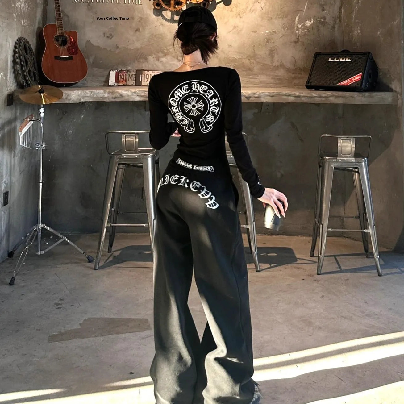 Apex Ritual – American Style Long Sleeve Round Neck Slim Casual Pants Set – Letter Print Ensemble