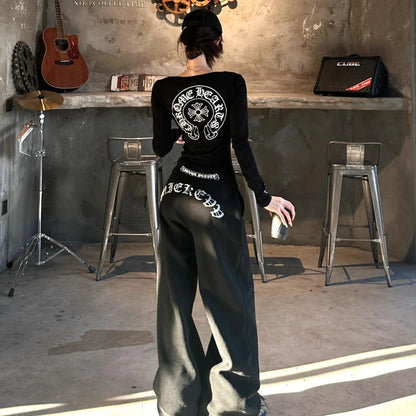 Apex Ritual – American Style Long Sleeve Round Neck Slim Casual Pants Set – Letter Print Ensemble