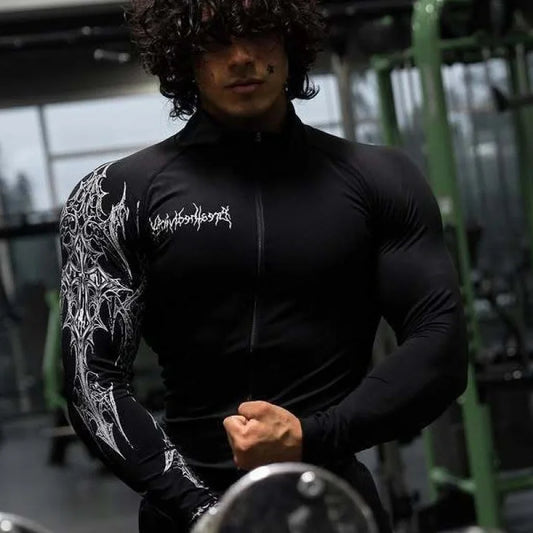 Apex Ritual – Men's Gym Zip-Up Printed Jacket – Oversized Streetwear Sports Fitness Bodysuit