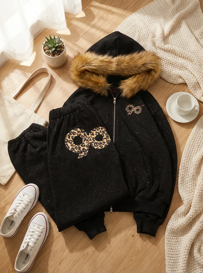Apex Ritual – 90s Retro Fur Trim Hoodie & Pants Set – Y2K Aesthetic Leopard Print Rhinestone Joggers