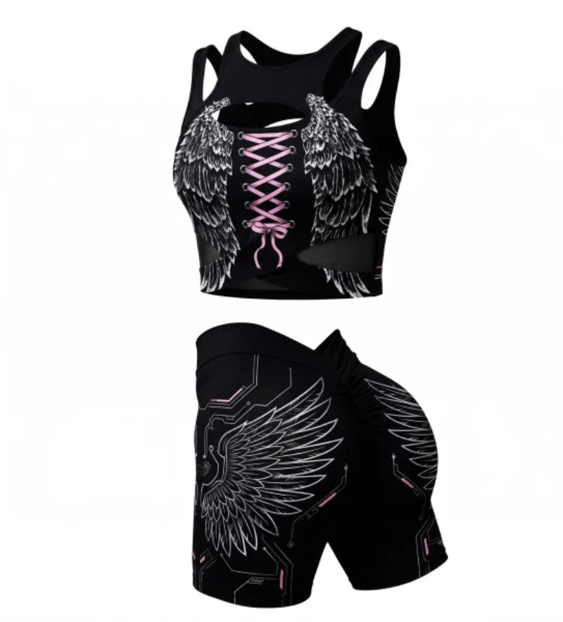 Apex Ritual – Women's Dragon Print 2-Piece Gothic Set – Cutout Tank Top & High-Waist Shorts
