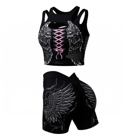 Apex Ritual – Women's Dragon Print 2-Piece Gothic Set – Cutout Tank Top & High-Waist Shorts