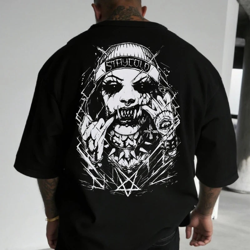 Apex Ritual – Skull Monster Back Print T-Shirt – Oversized Cotton Round Neck Streetwear Tee