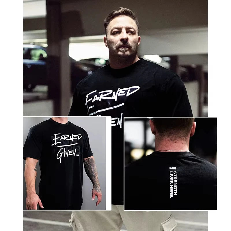 Apex Ritual – Earned Not Given Men's Gym T-Shirt – Bold Text Oversized Crew Neck Lifting Tee