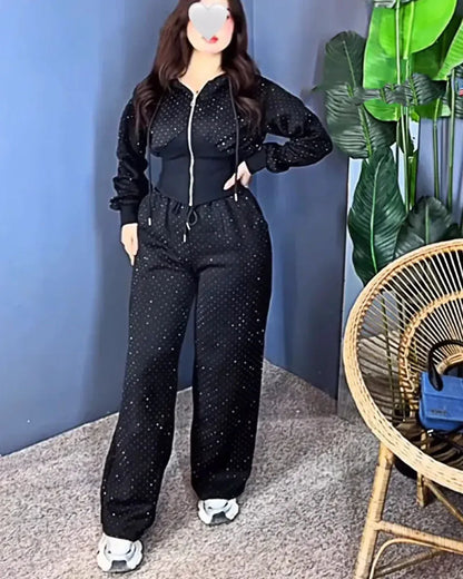 Apex Ritual – Hot Drilling Design Hoodie – High Waist Long Pants Fashion Casual Women's Tracksuit