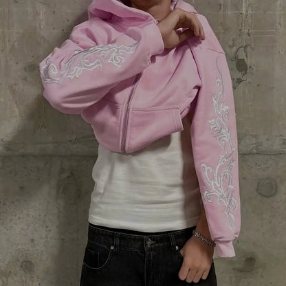 Apex Ritual – New Fashion High Street Pink Vine Pattern Embroidered Women Sports Hoodie – Gothic Style
