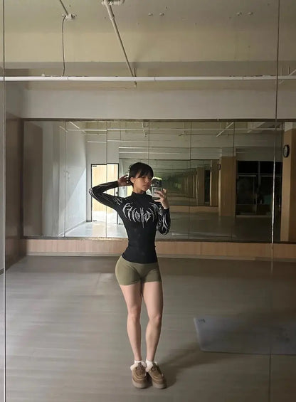 Apex Ritual – Women's Long Sleeve Off-Shoulder Letter Print Top – Tight Fit Casual Streetwear Tee