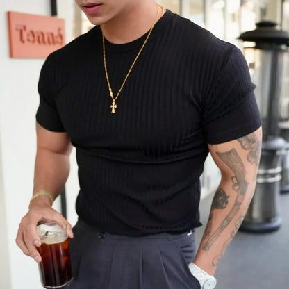 Apex Ritual – Men's Vertical Stripe Training T-Shirt – Elastic Short Sleeve Summer Fitness Tee