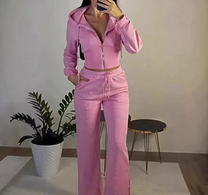 Apex Ritual – Hot Drilling Design Hoodie – High Waist Long Pants Fashion Casual Women's Tracksuit