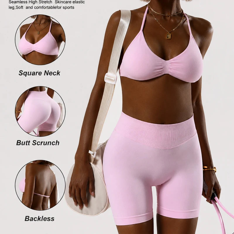 Apex Ritual – Women's 2-Piece Gym Set – Strappy Bra & High-Waist Scrunch Shorts