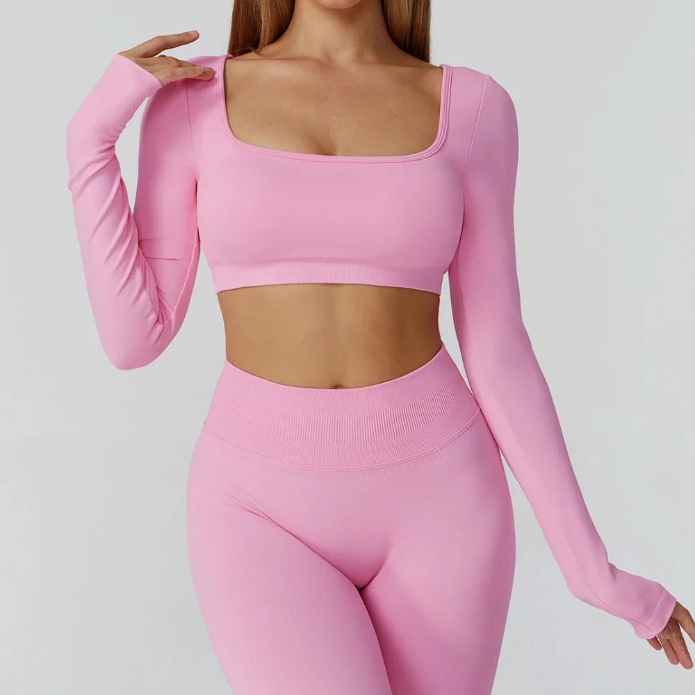 Apex Ritual – Seamless Quick-Dry Sportswear – Women's Square Neck Gym Crop Top & Long Sleeve
