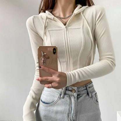 Apex Ritual – Thin Hooded Cardigan Women – Korean Vintage Slim Summer Striped Zipper Crop Top