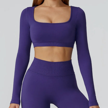 Apex Ritual – Seamless Quick-Dry Sportswear – Women's Square Neck Gym Crop Top & Long Sleeve
