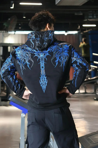 Apex Ritual – Men's Dark Floral Hooded Sweatshirt – Oversized American Streetwear Fitness Pullover
