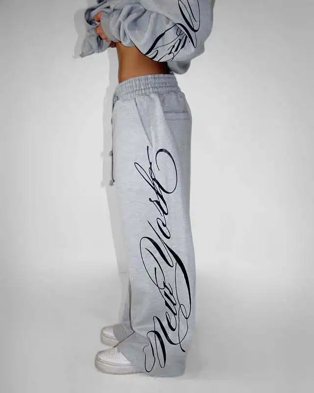 Apex Ritual – Grey 2 Piece Outfit – Script Print Oversized Hoodie & Wide Leg Pants Y2K Streetwear