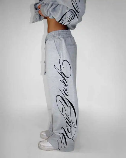 Apex Ritual – Grey 2 Piece Outfit – Script Print Oversized Hoodie & Wide Leg Pants Y2K Streetwear