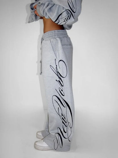 Apex Ritual – Grey 2 Piece Outfit – Script Print Oversized Hoodie & Wide Leg Pants Y2K Streetwear