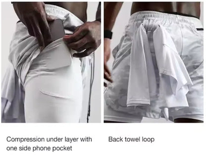 Apex Ritual – Men's 2-in-1 Fitness Running Shorts – Compression Lining with Phone Bag & Towel Ring