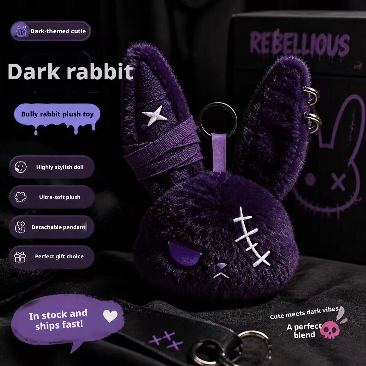 Apex Ritual – Hot Gothic Bunny Plush Keychain – Kawaii Rabbit Bag Charm Key Ring Pendant