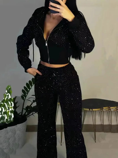 Apex Ritual – Hot Drilling Design Hoodie – High Waist Long Pants Fashion Casual Women's Tracksuit