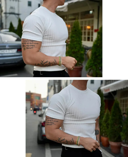 Apex Ritual – Men's Vertical Stripe Training T-Shirt – Elastic Short Sleeve Summer Fitness Tee