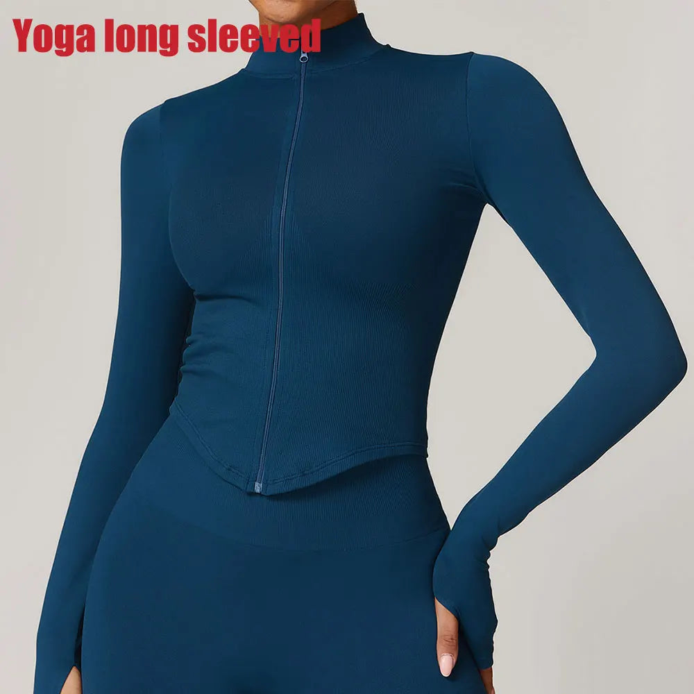 Apex Ritual – Ribbed Yoga Tops Women – Standing Collar Long Sleeve Fitness Top Gym Running Shirt