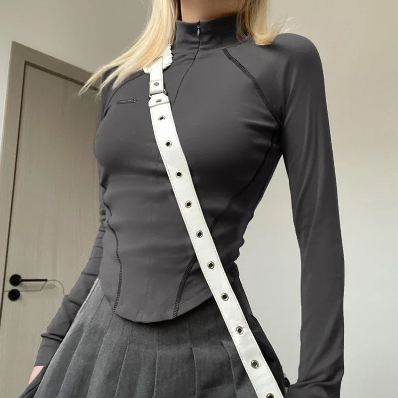 Apex Ritual Women's Y2K Crop Top – Zip Turtleneck Long-Sleeve Streetwear