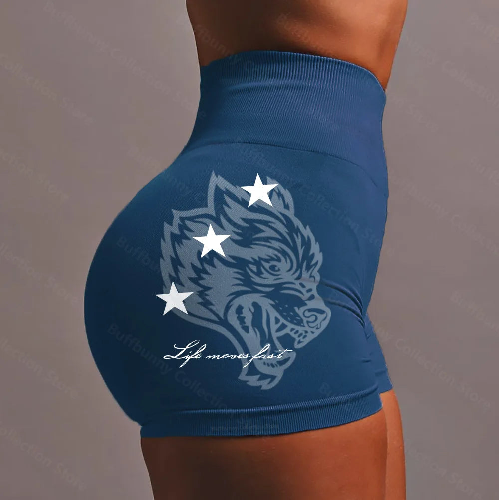 Apex Ritual – Wolf Head Sport Shorts Women – Seamless Knitted Thigh-Lifting Yoga Pants