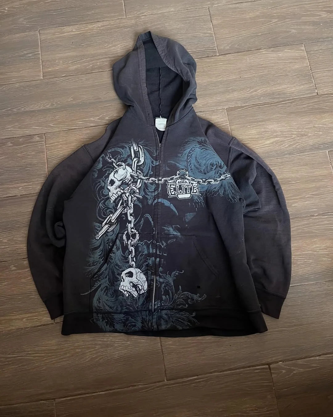 Apex Ritual – Vintage Y2K Skull Print Zip-Up Hoodie – Oversized Hip Hop Pullover Unisex
