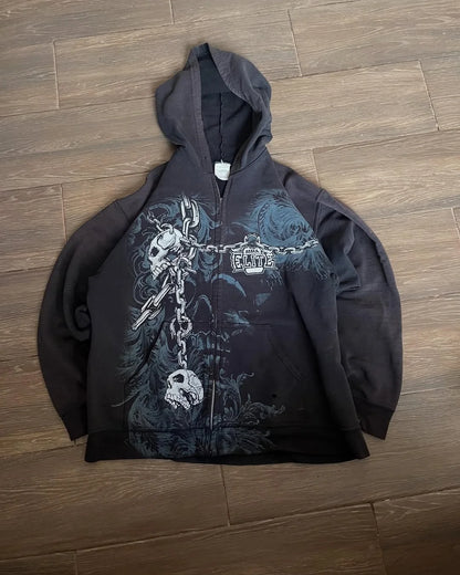 Apex Ritual – Vintage Y2K Skull Print Zip-Up Hoodie – Oversized Hip Hop Pullover Unisex