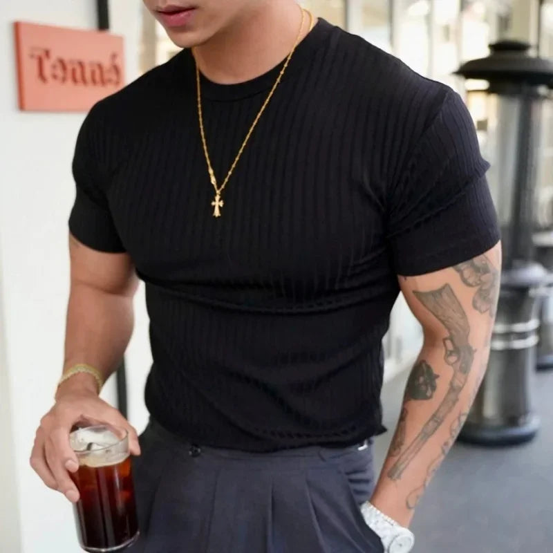 Apex Ritual – Men's Vertical Stripe Training T-Shirt – Elastic Short Sleeve Summer Fitness Tee